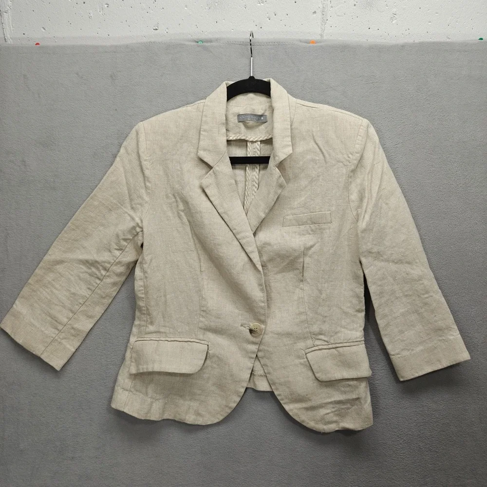 Olivia Moon Linen Blazer Jacket Women Cream 3/4 Sleeve Coastal Minimalist Office